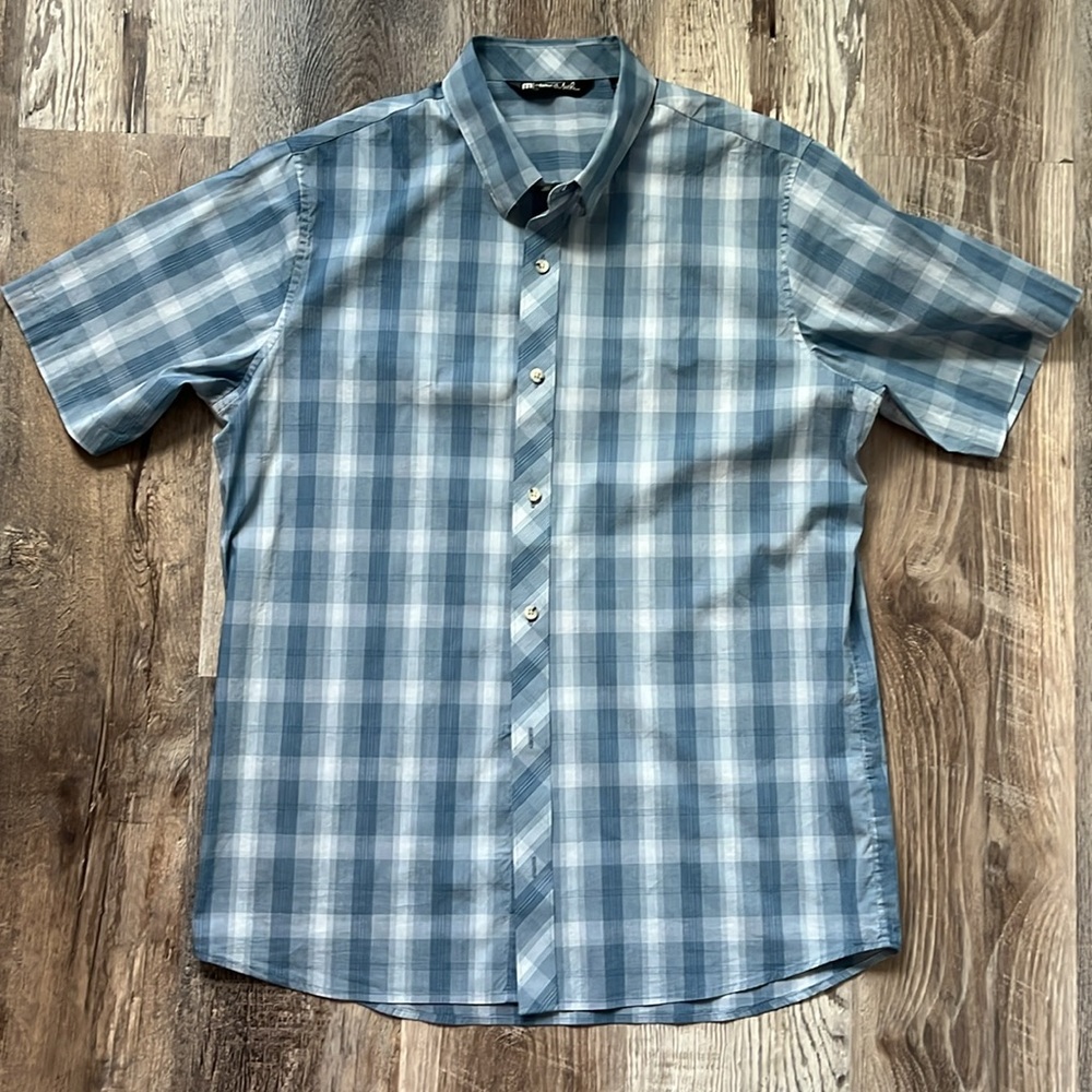Travis Mathew Cash or Check Button Down Shirt Blue Checkered Size Large